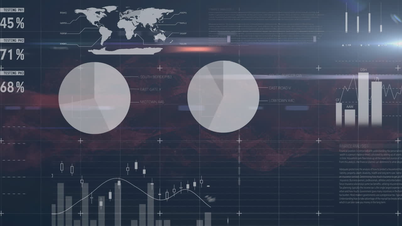 Animation of financial data processing over dark background
