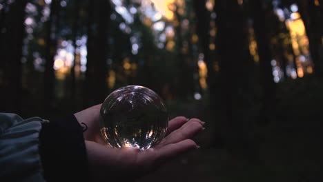 nahaufnahme einer jungen weiblichen hand, die eine kristallkugel hält, die die landschaft in einem herbstlichen wald reflektiert