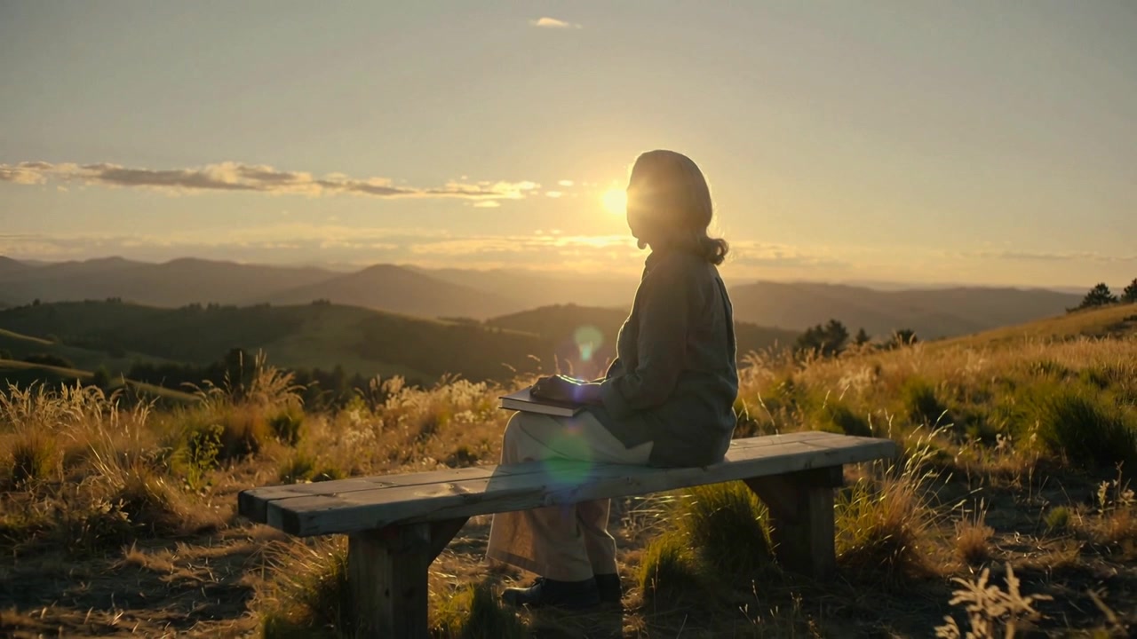 Donna anziana seduta su una panca di legno in cima a una collina, con giacca blu e taccuino, che osserva il tramonto, spazio per il testo.