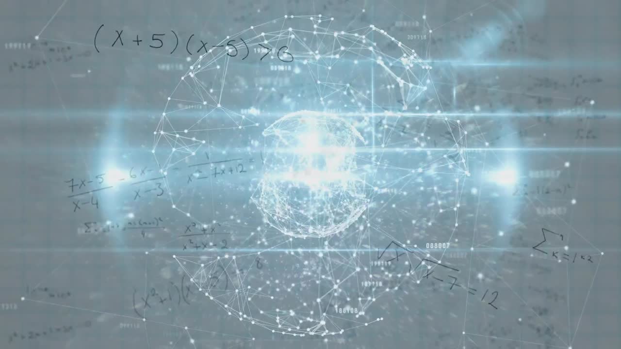 회색 배경에 떠다니는 수학 방정식에 대한 연결 네트워크의 지구