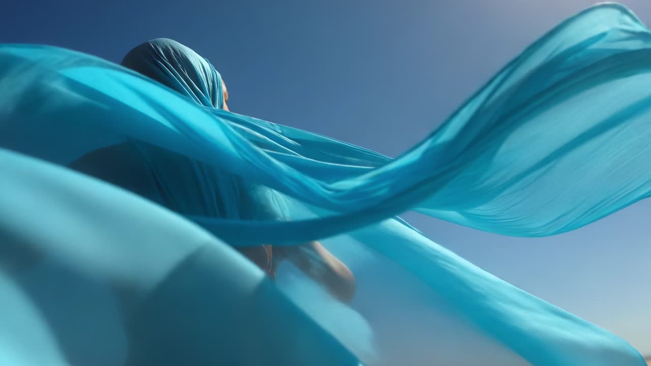A breathtaking display of vibrant blue fabric billowing gracefully in the wind, showcasing the elegance and fluidity of movement under a clear sky, highlighting the interplay of color and texture