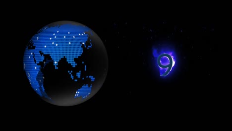 Digitale-Animation-Eines-Symbols-Mit-Neun-Zahlen-In-Flammen-Und-Eines-Globussymbols,-Das-Sich-Vor-Schwarzem-Hintergrund-Dreht