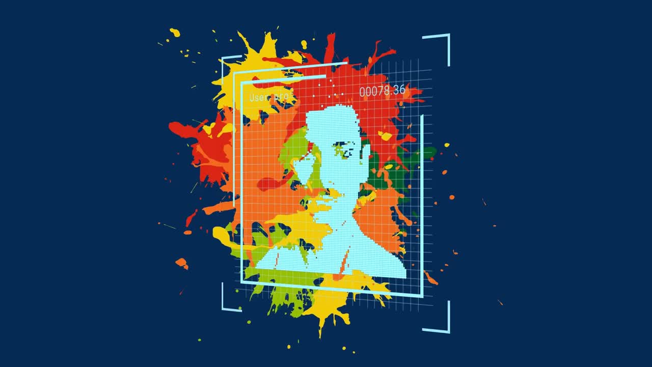 animación de retratos de hombres digitales sobre manchas en un fondo oscuro