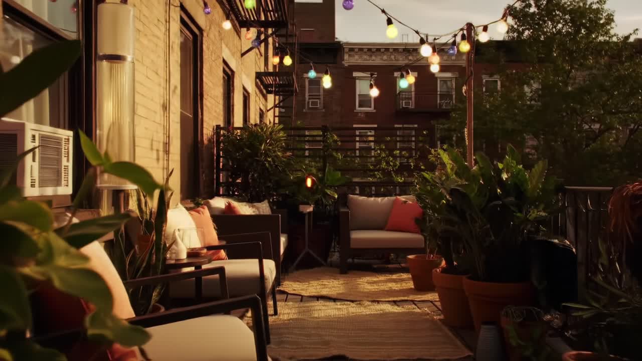 A Tranquil Evening on a Rooftop Patio, Illuminated with String Lights and Surrounded by Lush Greenery, Perfect for Relaxation and Outdoor Gatherings