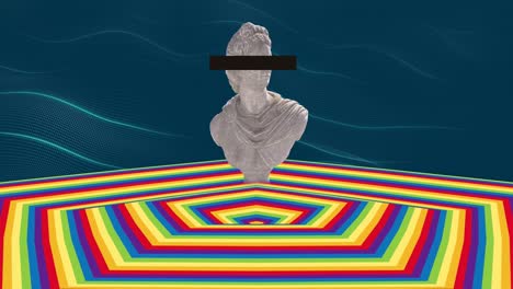 animación de la estatua sobre una superficie hexagonal de color en movimiento con fondo azul