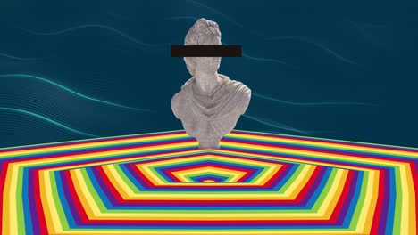 animation of statue over moving coloured hexagonal surface with blue background