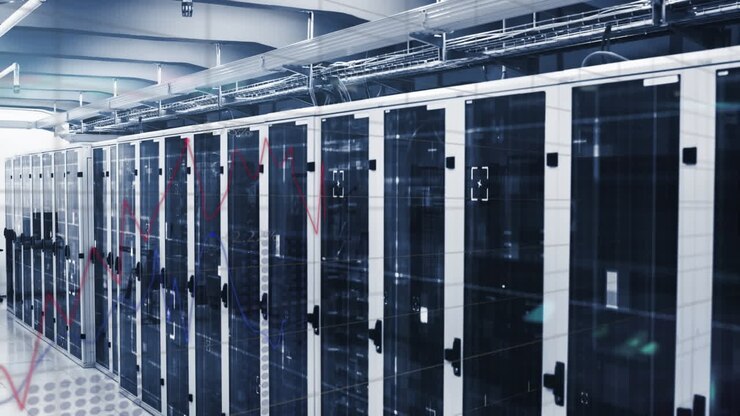 Animation of data processing over tech room with computer servers