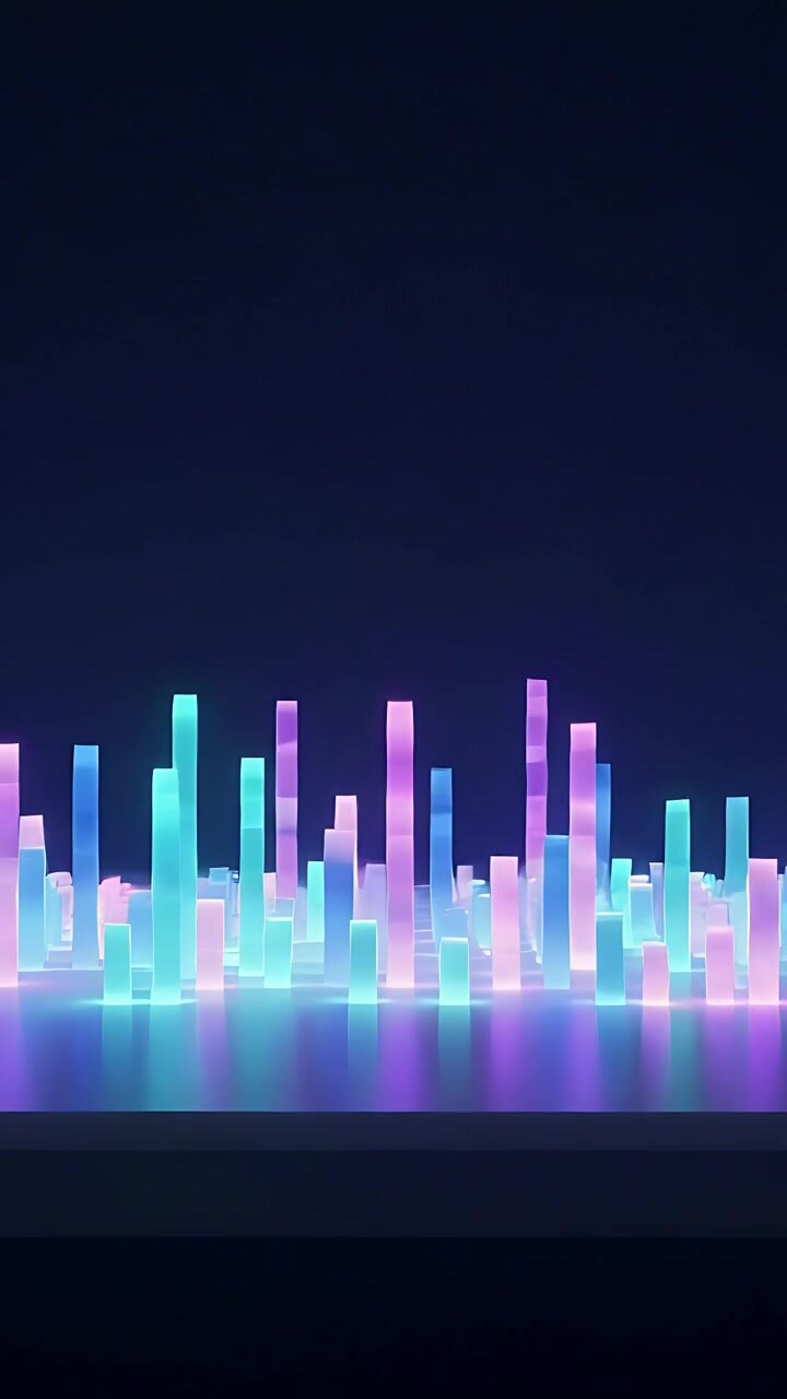 Vertical video: Cueing light bars glowing, rising on mirror base in studio, forming neon skyline