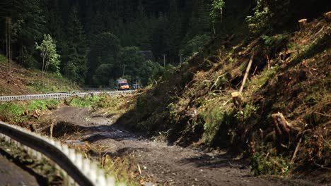 static view of hillside clear of trees in lush green valley by guard rail on winding road