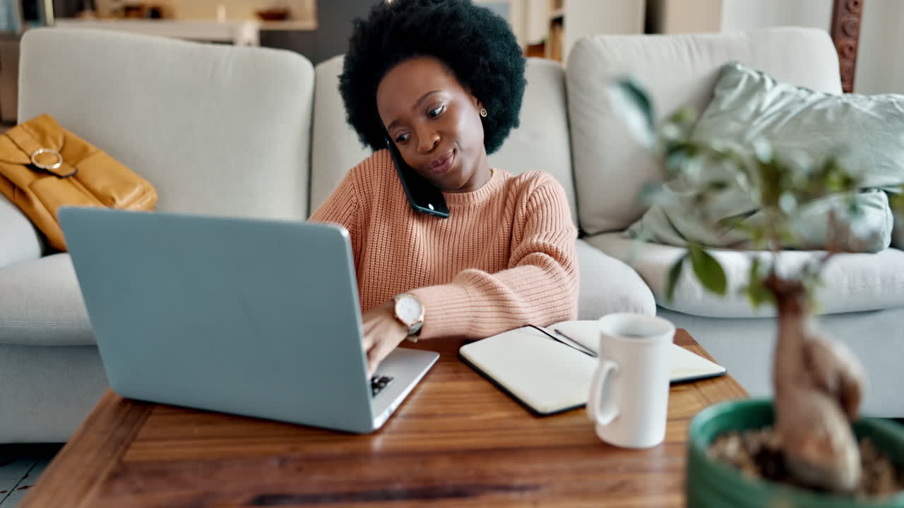 Black woman, phone call or laptop in living room