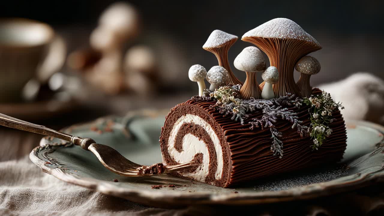 A beautifully crafted chocolate roll cake, featuring intricate decorations of edible mushrooms and natural elements, garnished artistically on a vintage plate, perfect for celebrations and dessert lovers