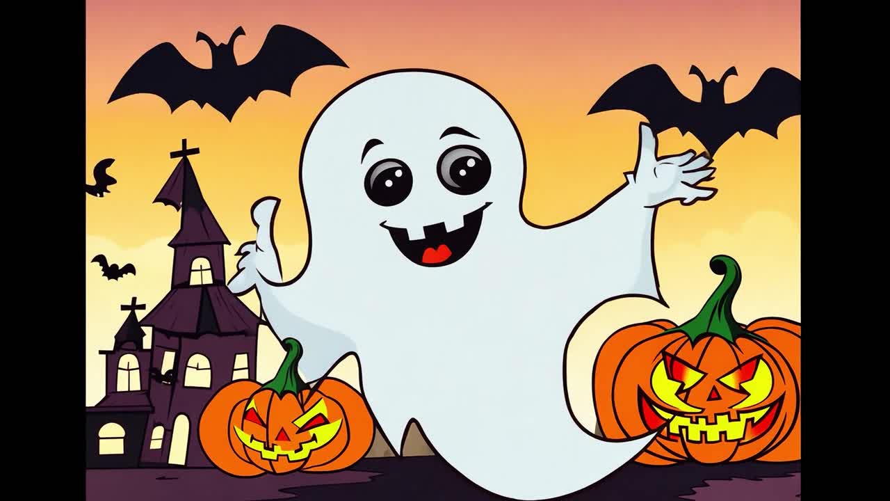 Fantasma di Halloween carino con zucche e pipistrelli