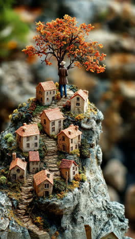 miniature village with a figure and autumn tree on rocky hilltop