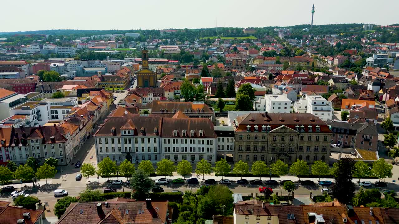 4K Aerial Drone Video of the Landgericht Courthouse and Promenade Outside the Town Wall of Downtown Ansbach, Germany