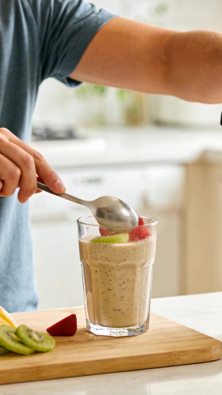 Video verticale: Uomo in maglietta blu da destra che guarnisce un frullato con un cucchiaio e frutta sul bancone della cucina.