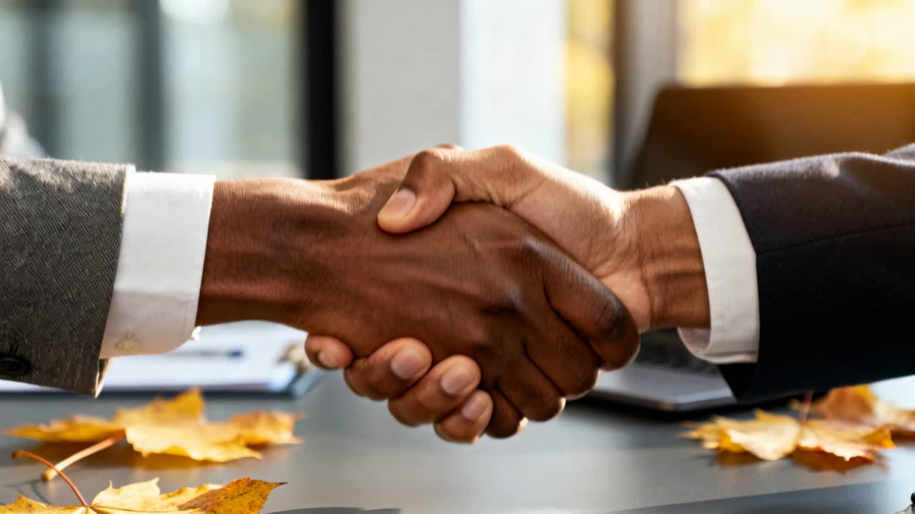 Business partners shaking hands after reviewing papers, grip firming into hold, leaves on table
