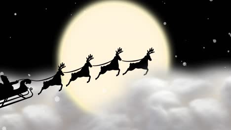 Animation-of-santa-claus-in-sleigh-with-reindeer-moving-over-clouds-and-moon