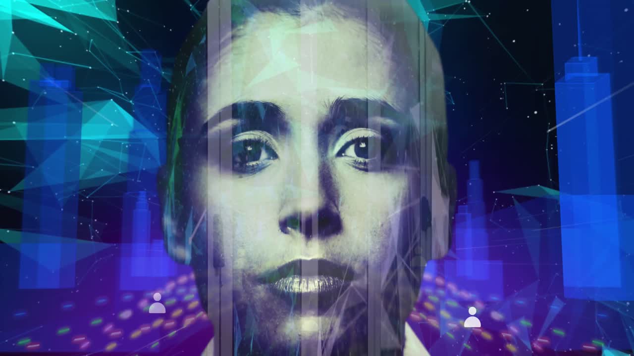 mujer sobre múltiples iconos de perfil moviéndose contra el modelo de ciudad 3d