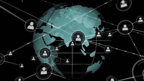 animación de iconos de perfil conectados con líneas y globo giratorio sobre fondo negro