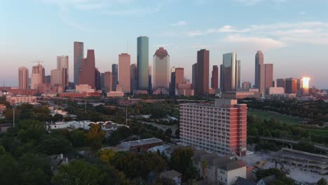 aerial shot of downtown houston and surrounding landscape