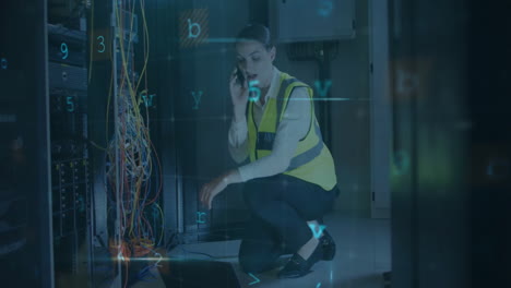 technician working with cables and laptop, warning text animation over numbers