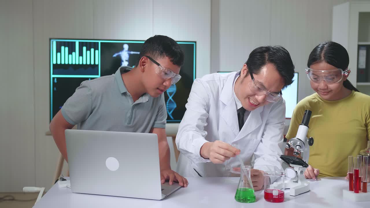 Young Asian Boy And Girl Learning Science Experiment In Laboratory With Teacher In Classroom. Study With Scientific Equipment And A Microscope