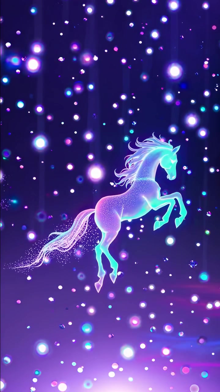 A glowing, ethereal horse amidst sparkling lights, captured from a low angle.