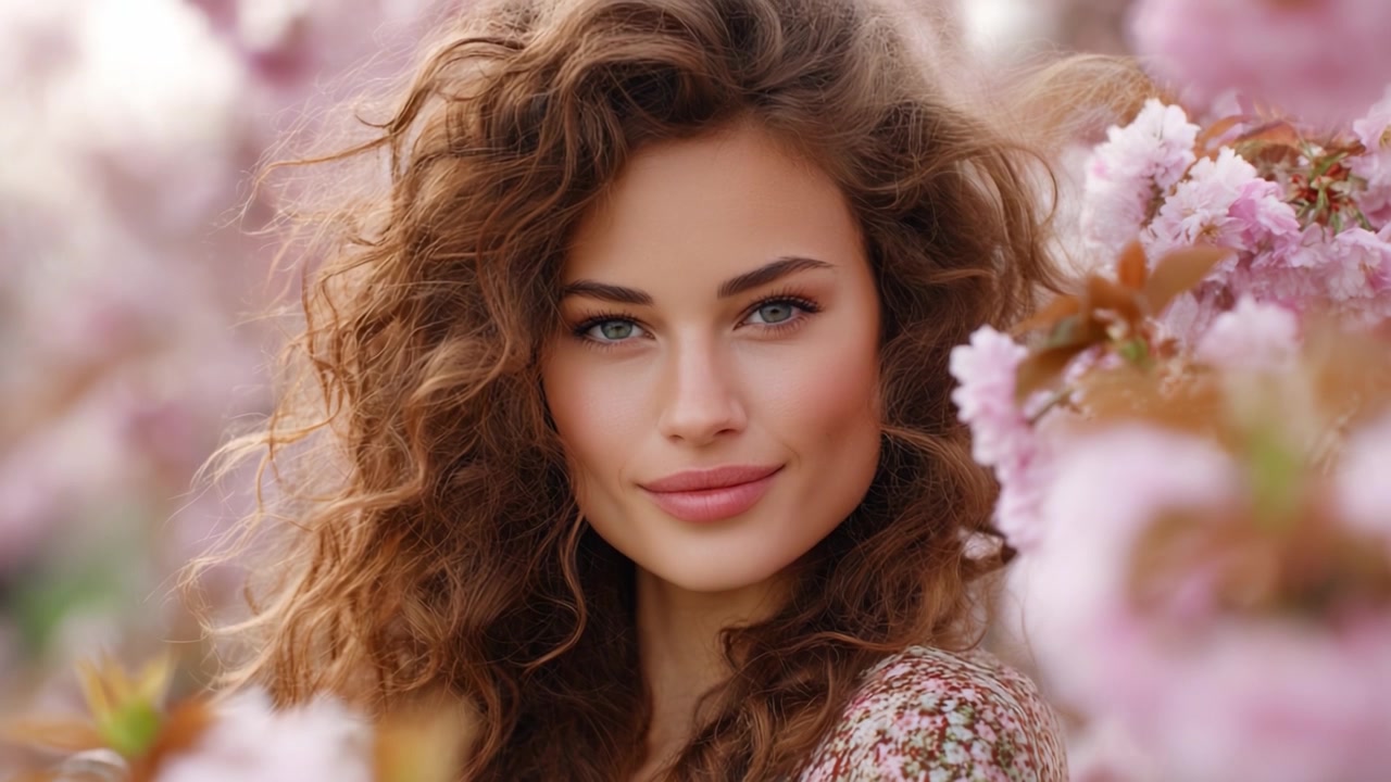 Una giovane donna radiosa con i capelli ricci si erge tra splendidi fiori rosa, emanando bellezza naturale e sicurezza in un sereno ambiente floreale che ricorda la primavera.