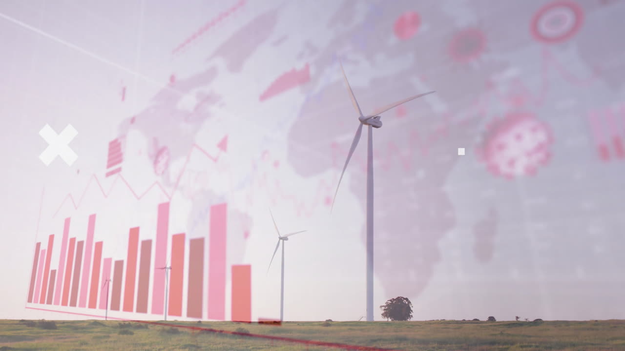 On grassy field, animation of wind turbines with data charts and world map overlay