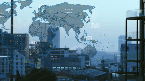 animación del procesamiento de datos sobre el mapa del mundo contra la vista aérea del paisaje urbano.
