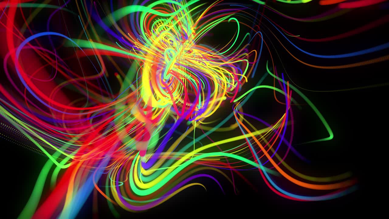 el flujo de fondo abstracto de líneas de brillo o rayas de luz. las partículas de luces en funcionamiento se forman en el espacio 3d brillando hermosas líneas curvas como una bola de alambres quemándose con luz de neón. hermoso bg creativo.