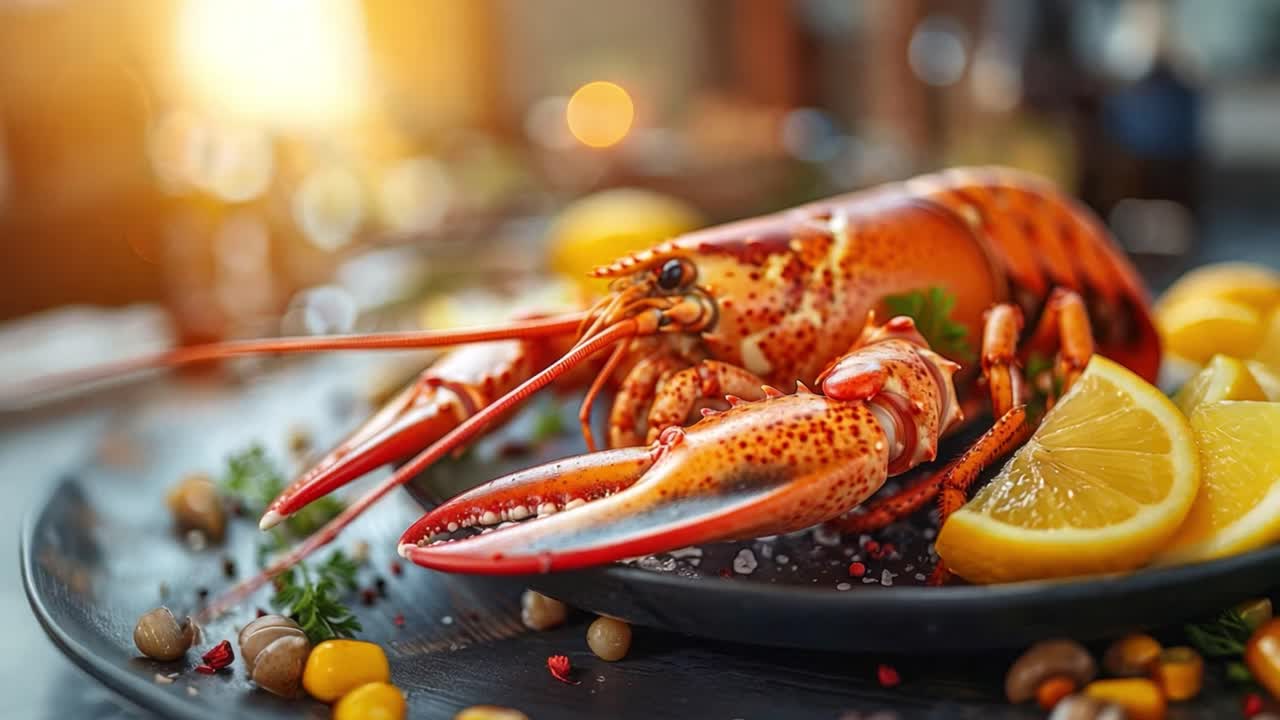 Close up of a cooked lobster with lemon