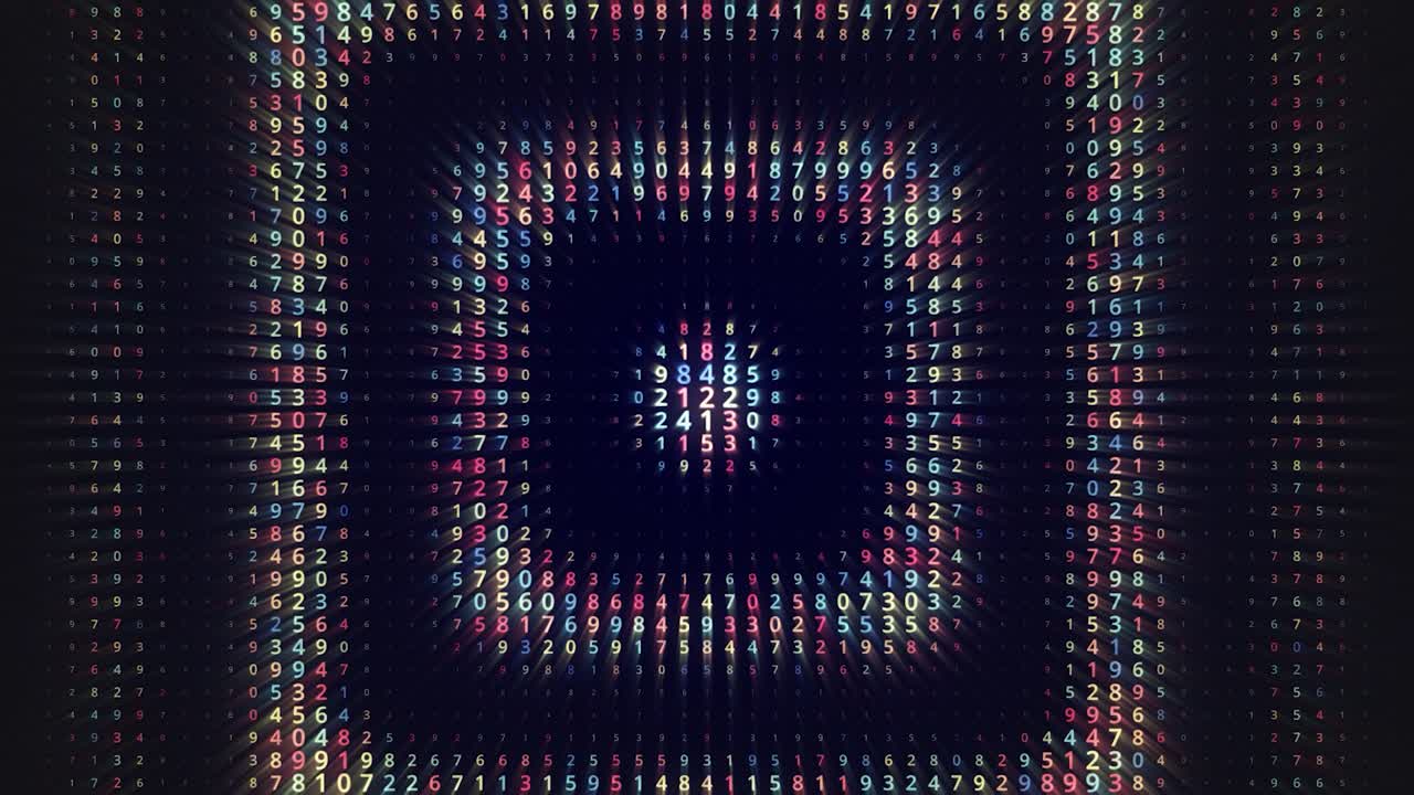 Flying inside hypnotic rectangle tunnel with endless rows of numbers, seamless loop. Animation. Retro effect of blinking squares moving slowly