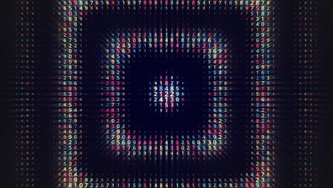 flying inside hypnotic rectangle tunnel with endless rows of numbers, seamless loop. animation. retro effect of blinking squares moving slowly