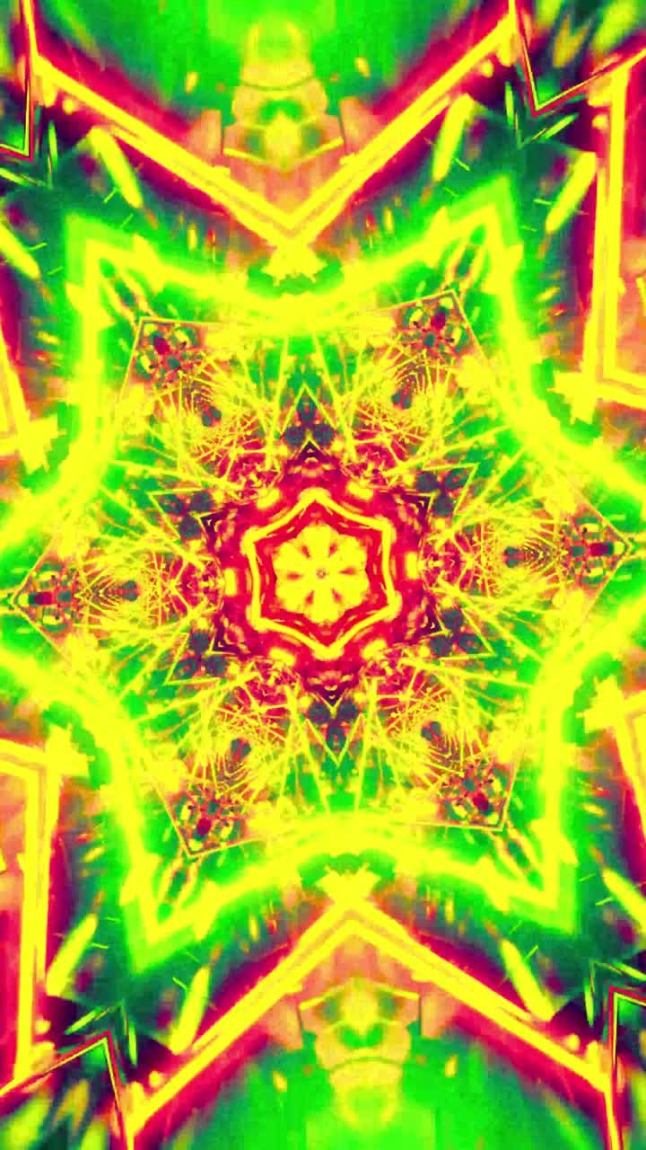 Animazione dinamica di motivo caleidoscopico rosso, giallo e verde