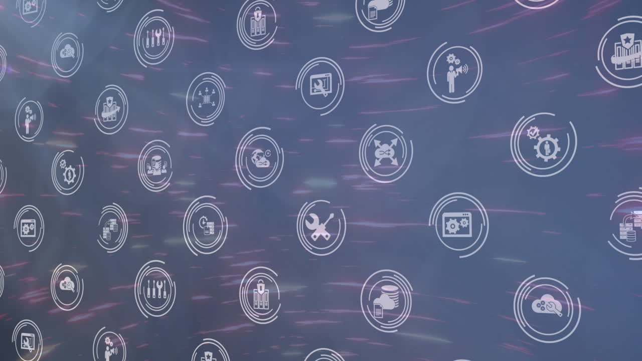 animación de múltiples iconos en círculos que se mueven contra las líneas iluminadas.