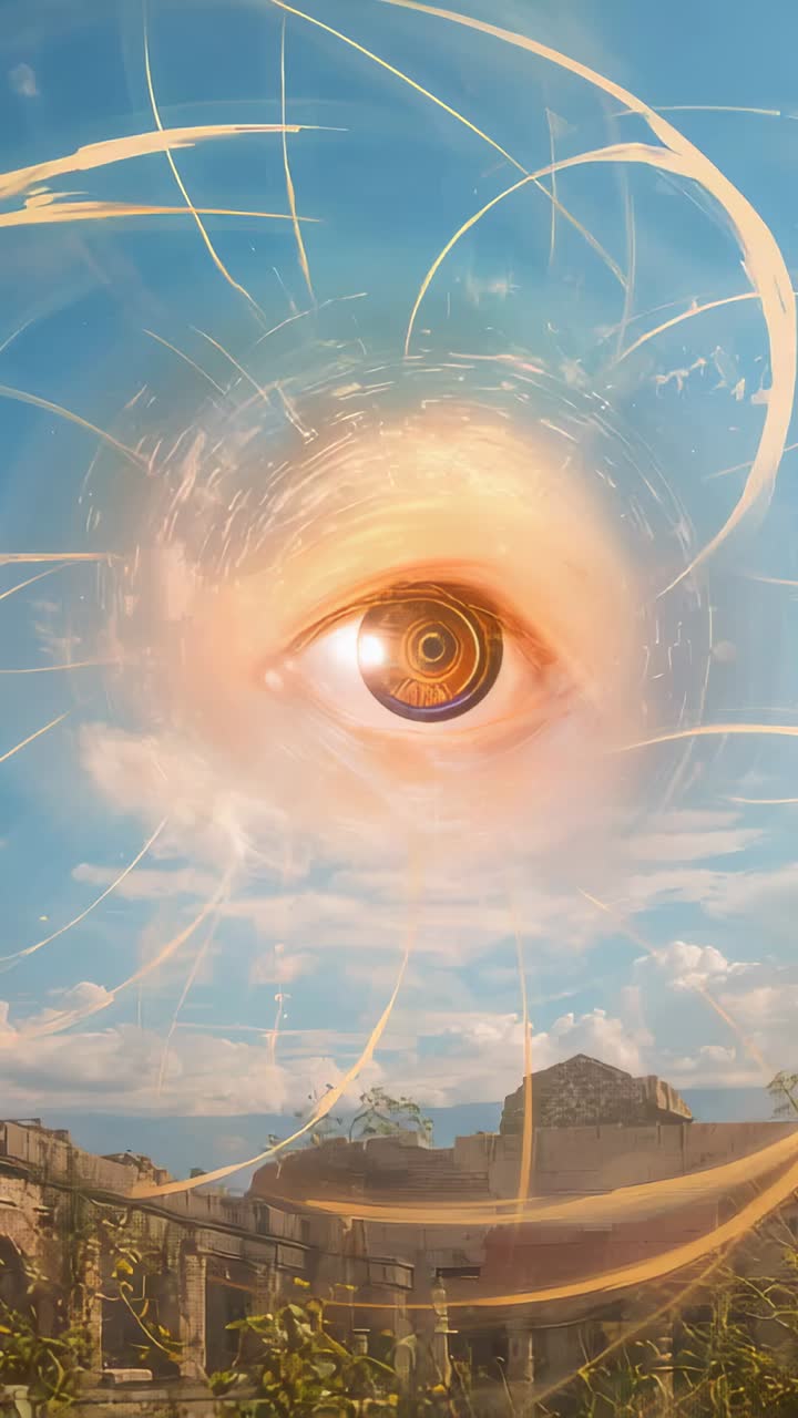 Vertical video: Forming glowing cloud in sky, floating eye pulsing over ruins with halo and arcs