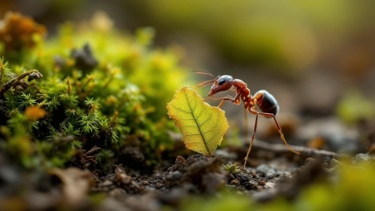Industrious red ant transporting green leaf fragment through woodland ground, demonstrating remarkable strength and collective labor