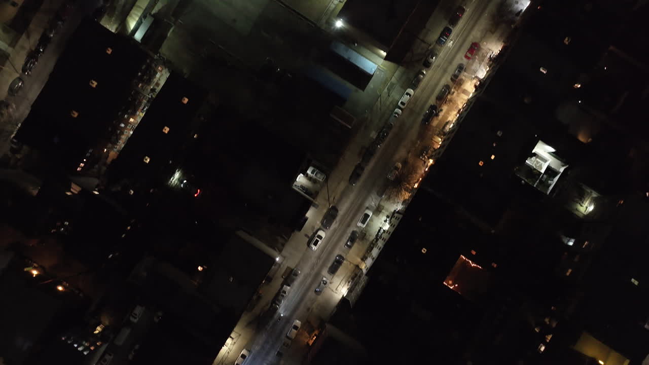 Aerial view of buildings in Brooklyn. Shot at night in Williamsburg