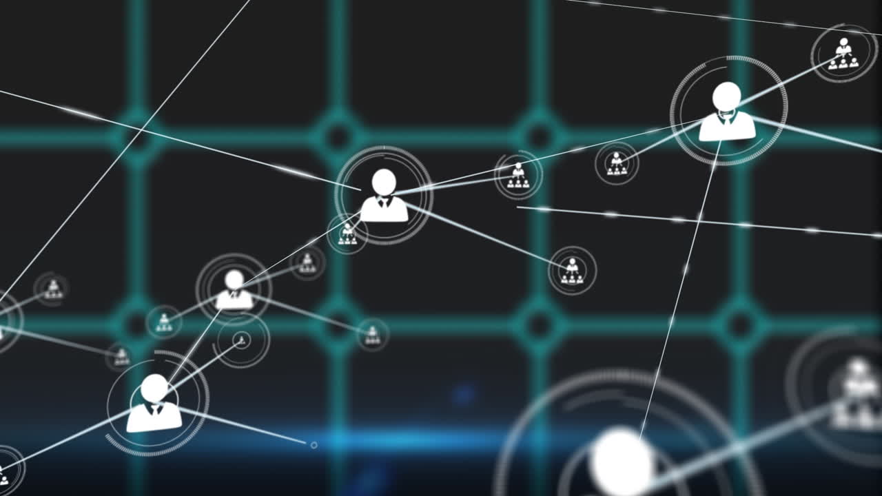 Animation of network of connections with icons over shapes on black background