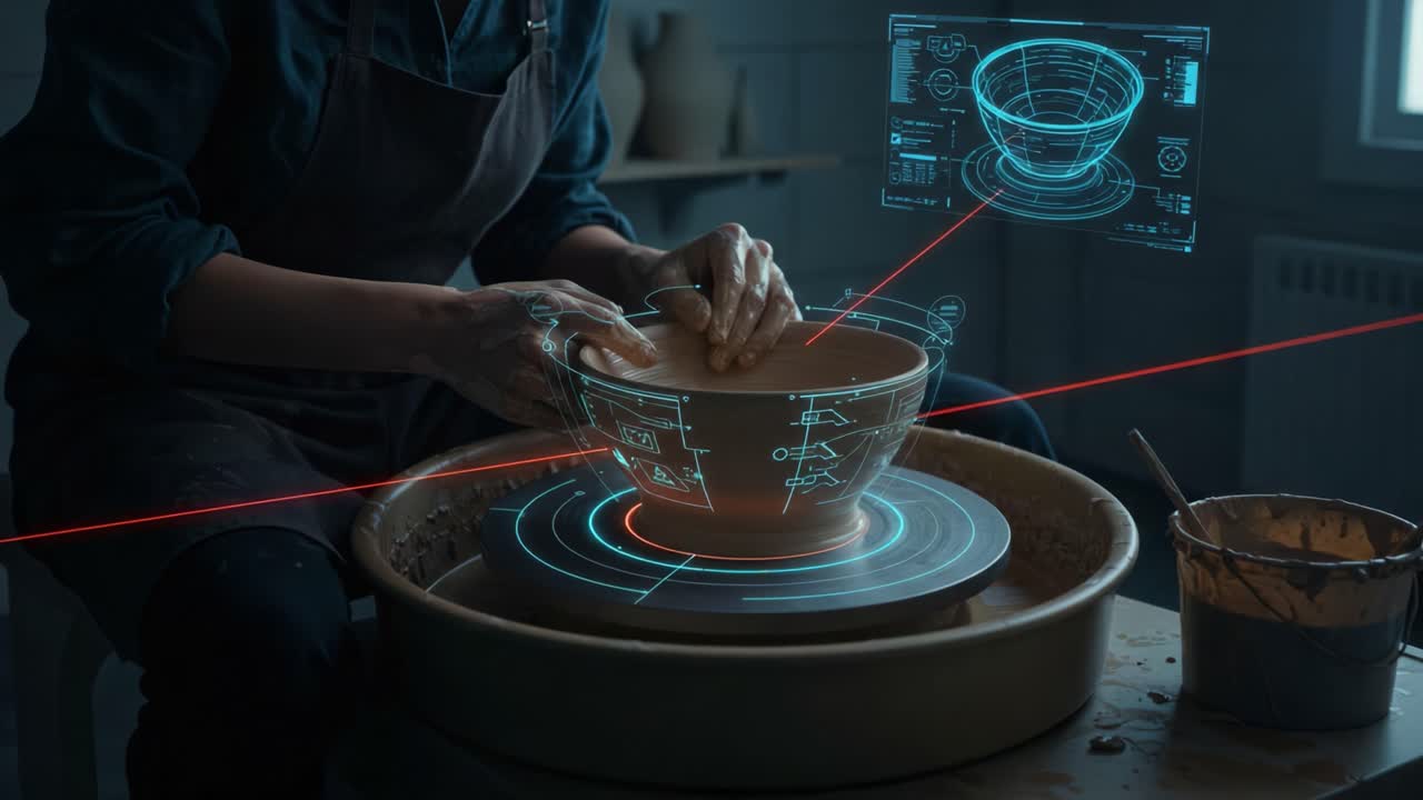 Artisan Potter Crafting a High-Tech Ceramic Bowl Using Advanced Projection Techniques and Innovative Design Tools in a Modern Studio Environment