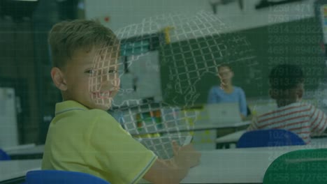 Animación-Del-Procesamiento-De-Datos-Y-El-Globo-Terráqueo-Sobre-El-Retrato-De-Un-Niño-Caucásico-Sonriendo-En-La-Clase-De-La-Escuela