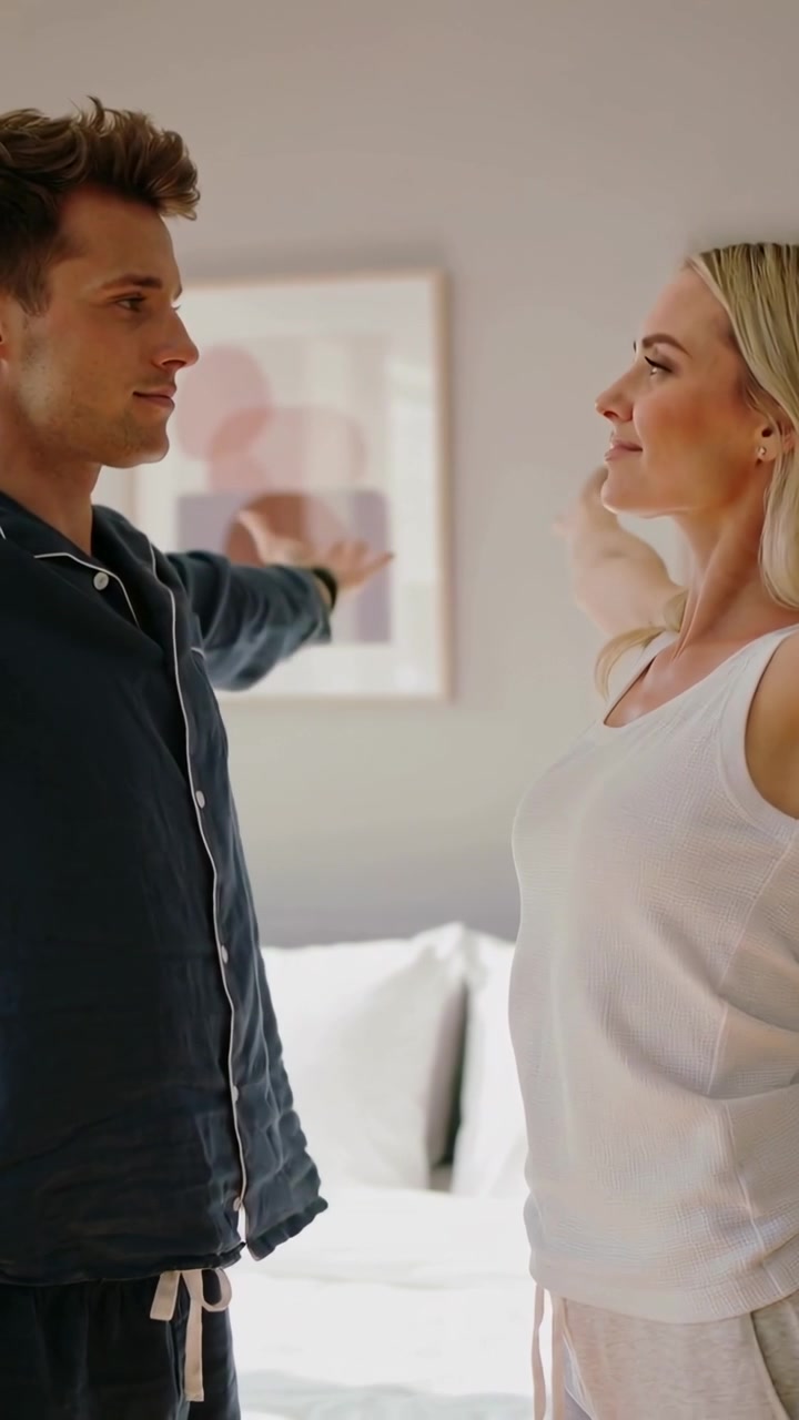Video verticale: Coppia che si stira sentendo il sole, allungandosi sopra la testa e scambiandosi sguardi vicino al letto in pigiama.