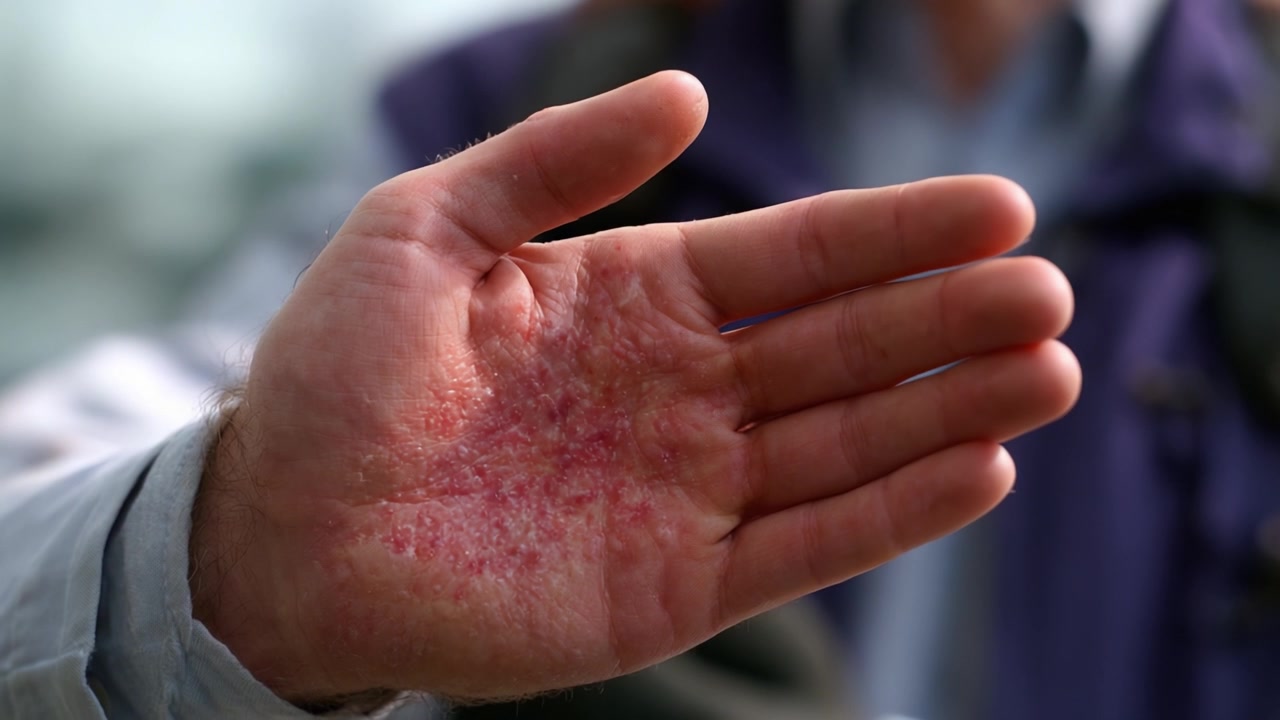 A Detailed Examination of Skin Condition: Close-Up Views of a Hand with Visible Rashes and Irritation Showcasing Effects of Dermatitis or Similar Conditions