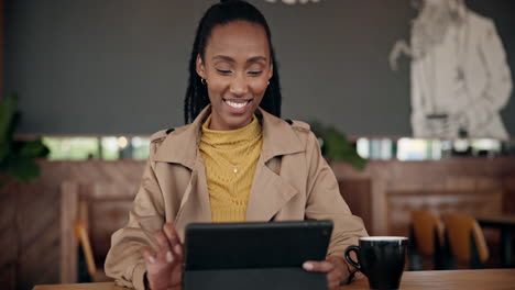 internet, cafe and black woman with a tablet