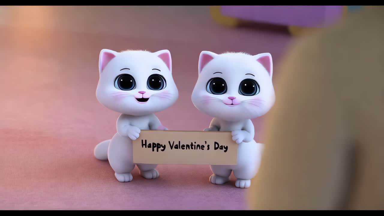 두 마리의 만화 고양이가 행복한 발렌타인 데이 표지판을 들고 있다