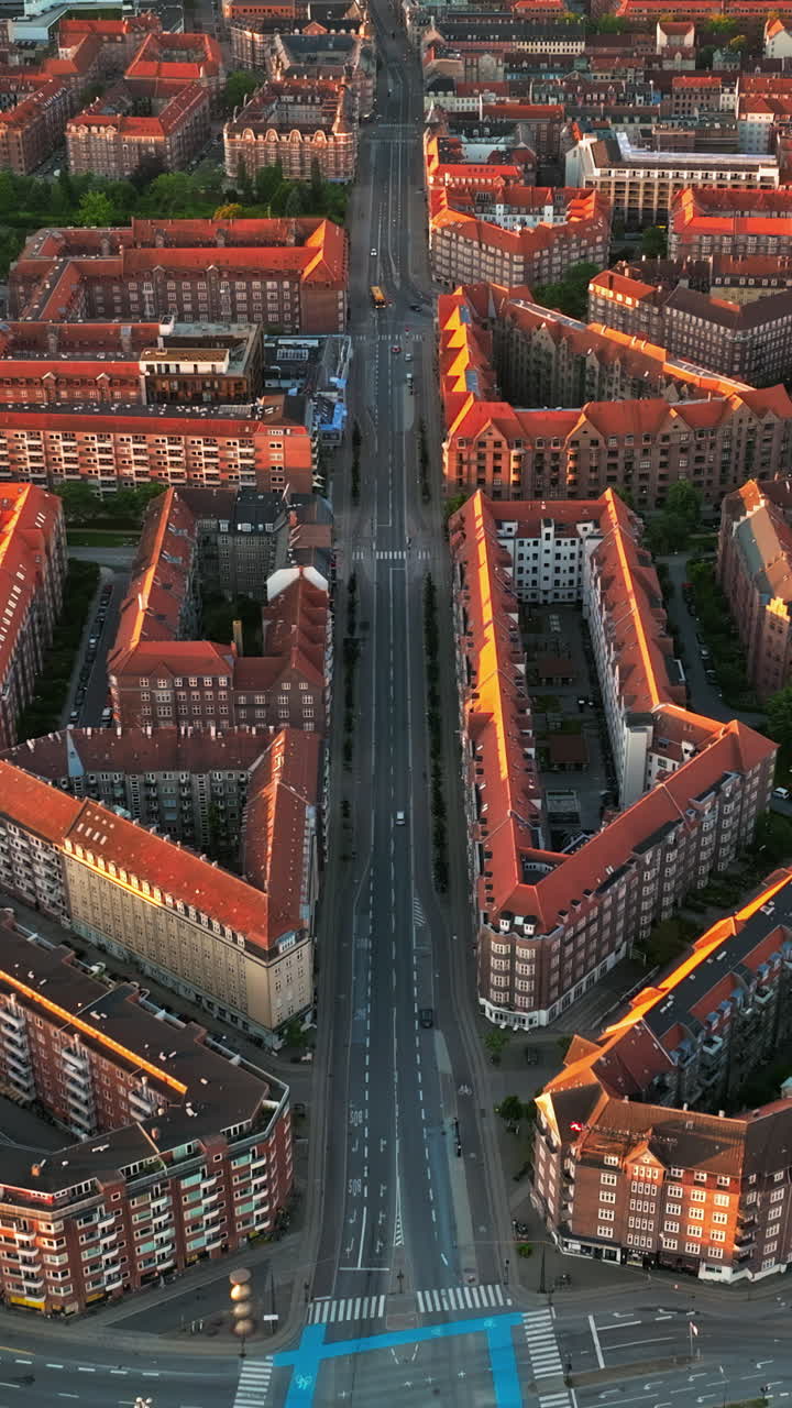 Aerial drone view of Amagerbro area in the northern part of the island Amager in Copenhagen, Denmark at sunset. Vertical
