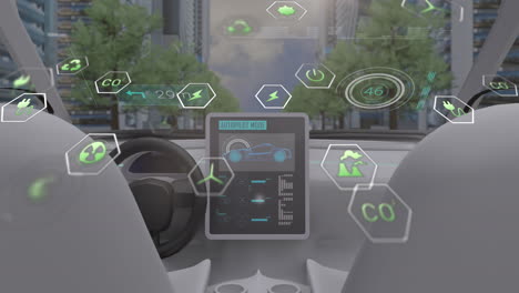animación de procesamiento de datos y iconos de ecología sobre el coche y la ciudad