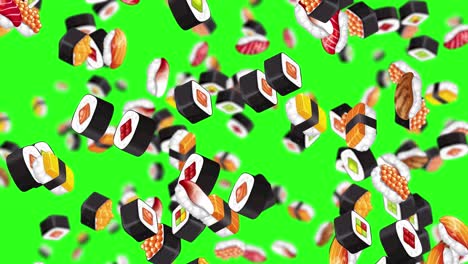 sushi pieces falling against a vibrant green backdrop