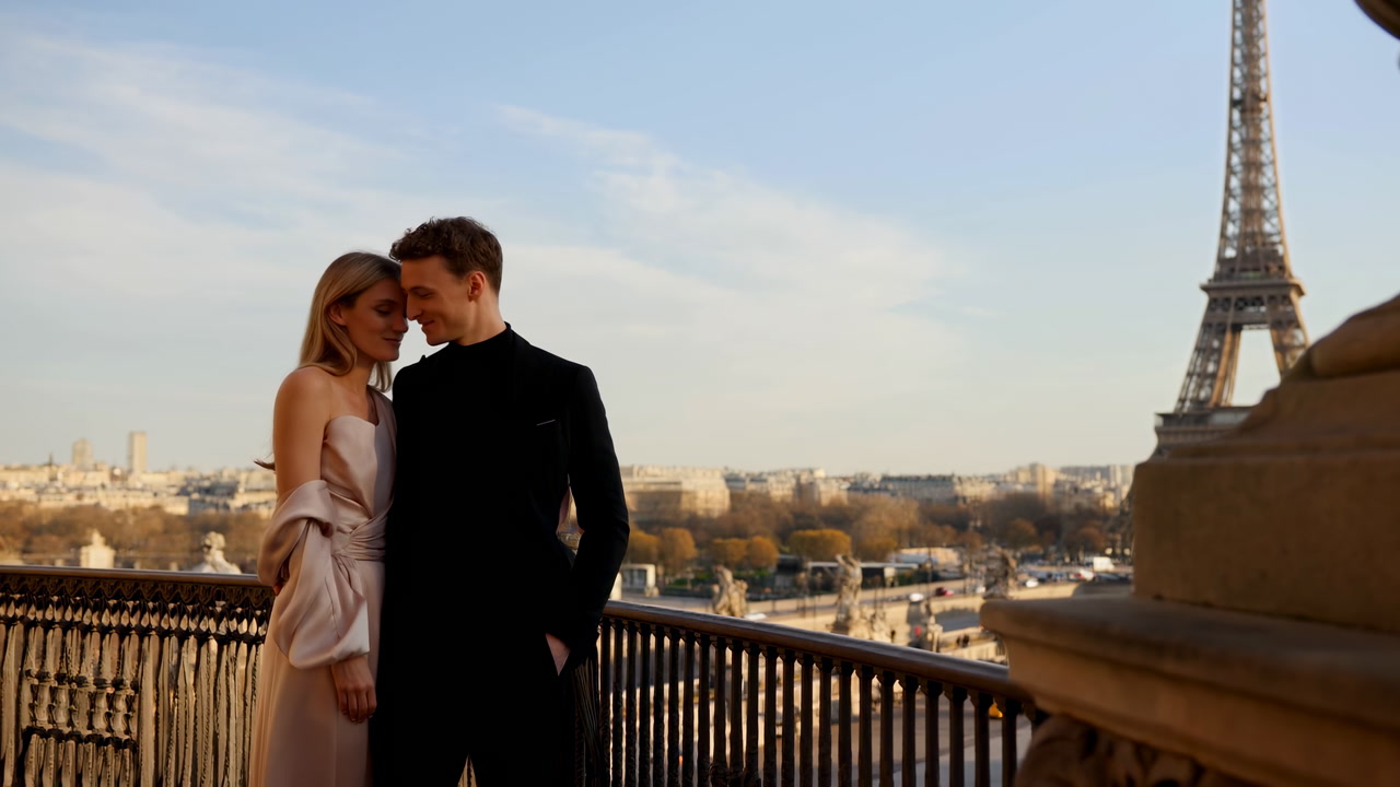 Couple On Paris Balcony With Eiffel, Elegant Woman And Man In Black Suit Share Intimate Embrace During Golden
